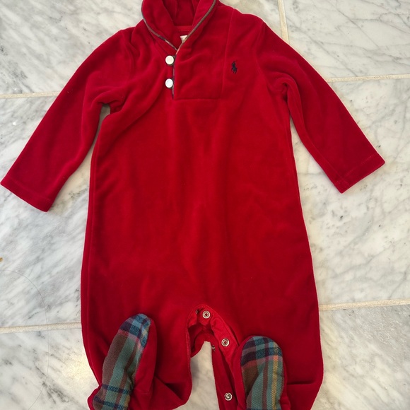 Ralph Lauren Red Baby Onesie with Plaid Feet - Picture 1 of 3